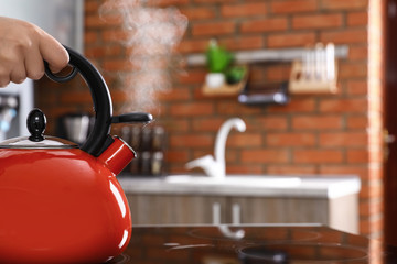 Poster - Woman holding modern kettle on stove in kitchen, closeup with space for text