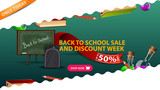 Fototapeta  - Back to school sale and discount week, green banner with school Board and school backpack