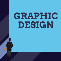 Fototapete - Handwriting text Graphic Design. Conceptual photo art or skill of combining text and pictures in advertisements Back view young woman watching blank big rectangle. Geometrical background