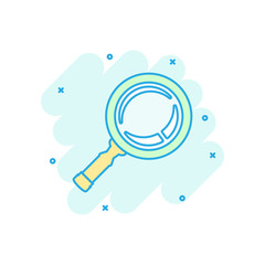 Poster - Loupe sign icon in comic style. Magnifier vector cartoon illustration on white isolated background. Search business concept splash effect.