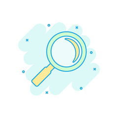 Poster - Loupe sign icon in comic style. Magnifier vector cartoon illustration on white isolated background. Search business concept splash effect.