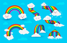 Set Of Rainbows With Clouds. Colorful Rainbow With Clouds On Blue Sky Background. Vector Illustration Isolated On Blue Background.