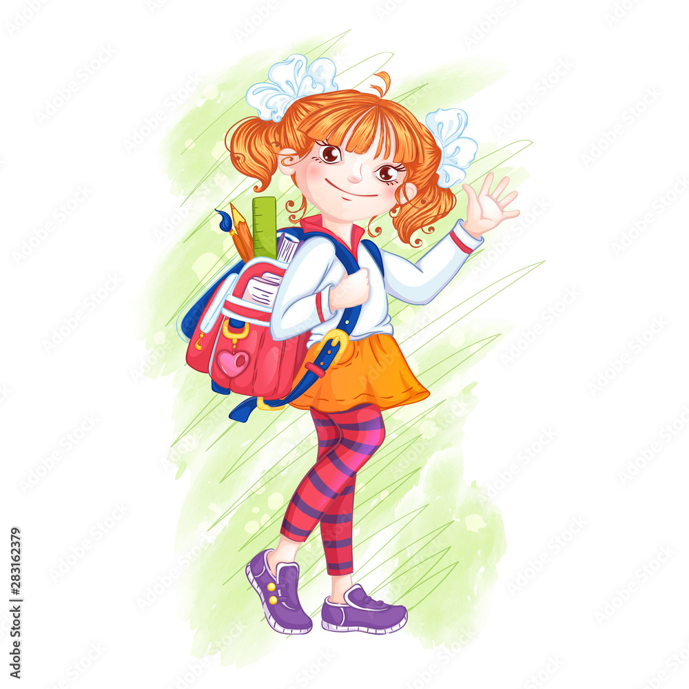 Cute girl schoolgirl with a briefcase. Briefcase with school supplies ...