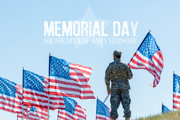 Wall Mural - man in military uniform and cap standing and holding american flag with memorial day, remember and honor illustration