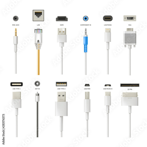 Fotografía Plugs and wires isolated icons, connectors, modern technologies