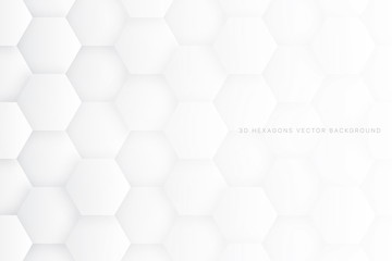 Wall Mural - 3D Hexagons Vector White Abstract Background. Scientific Technologic Three Dimensional Hexagonal Blocks Light Conceptual Wallpaper. Tech Clear Blank Subtle Textured Backdrop