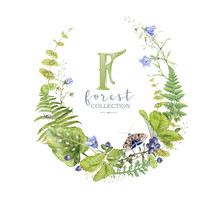 Watercolor Wreath With Forest Plants And Butterfly