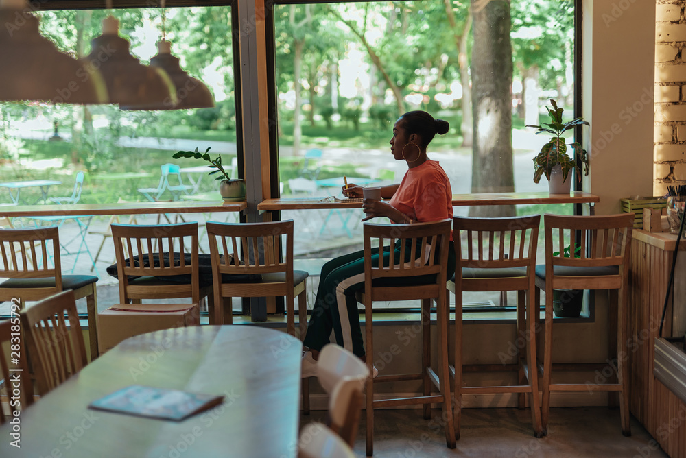 Young african american female sitting in cafe