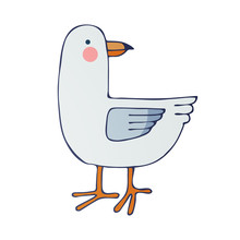Colorful Cute Seagull Hand Drawing In Vector. Isolated Object On White Background.