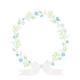 Fototapeta Kwiaty - Hand draw of circle frame with light blue green and gray flowers with gray ribbon. To feel like winter time.