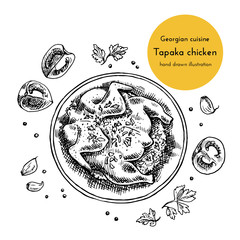 Wall Mural - illustrations of Georgian cuisine. hand drawn sketches with national Caucasian dishes tapaka chicken in a pan. sketch set