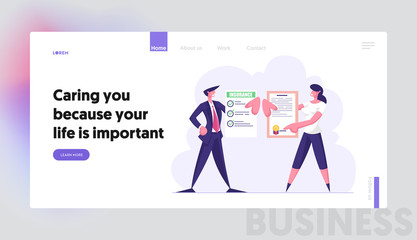  Man and Woman Holding Insurance Certificates with Green Check Marks and Seal Stamp. Protection of Health, Life and Property Web Page Banner, Website Landing Page. Cartoon Flat Vector Illustration