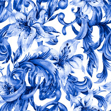 Watercolor Blue Baroque Seamless Pattern With White Royal Lilies. Hand Drawn Blue Scrolls, Flowers, Leaves.