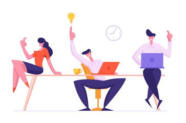 Poster - Cheerful Business People Team Rejoice of New Working Project Creative Idea. Joyful Male and Female Employees Characters Sitting in Office Workplace, Teamwork Group Cartoon Flat Vector Illustration