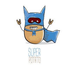 Sticker - vector funny cartoon cute brown super hero potato with blue hero cape and hero mask isolated on white background. My name is potato vector concept. super vegetable food character