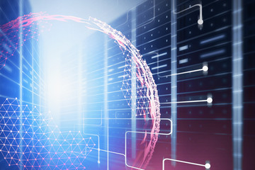 Poster - planet hologram and network interface, server room