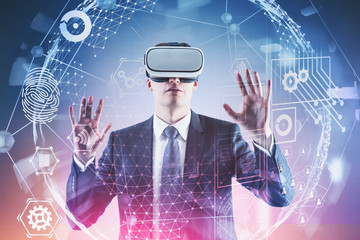 Poster - Man in VR glasses working with virtual interface