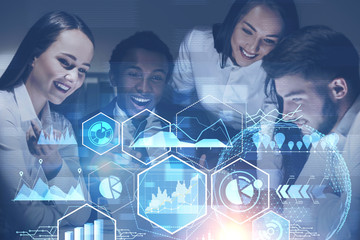 Poster - Happy young business team, digital graphs