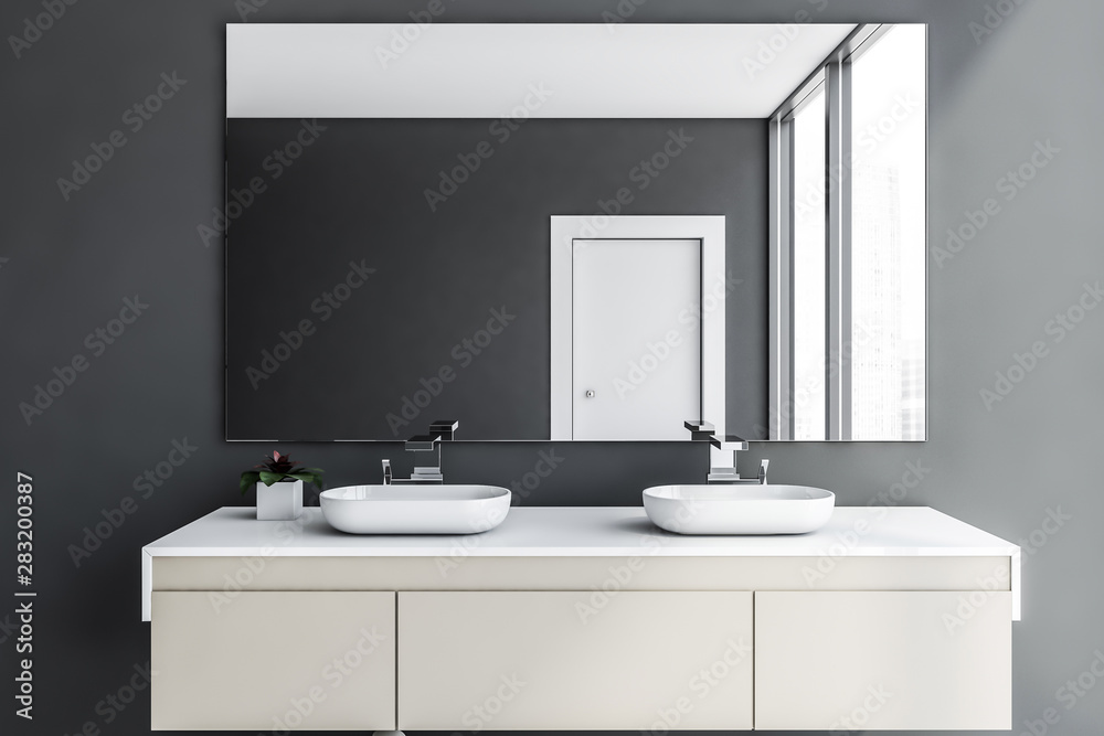 Close up of double sink in gray bathroom - obrazy, fototapety, plakaty 