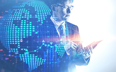Poster - Serious man with tablet, internet interface