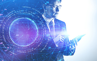 Poster - Businessman with tablet, internet interface