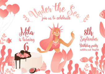 Wall Mural - Pink template cards and invitations for a birthday party with a beautiful mermaid in the sea.