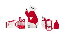 White Polar Bear In Christmas And New Year Banner Vector Illustration Isolated.