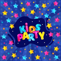 Kids party banner with fun blue starry background, colorful poster for child birthday or other event celebration