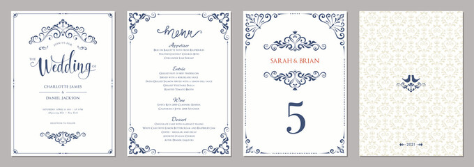 Wall Mural - wedding invitation, menu, table number and ornate background.