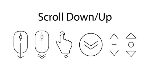 Poster - Set of linear icons scroll down, up. Set of scrolling icons for a website, web design, mobile apps. Scrolling symbol for web design isolated on white background. Trend line design. Computer mouse icon