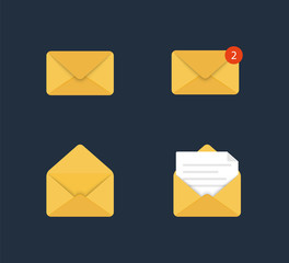 Leinwandbilder - Set of icons Mail, E-mail. Opened and closed envelope. Online postal sign.Paper document enclosed in an envelope. New Message. Mail icon. Vector illustration.