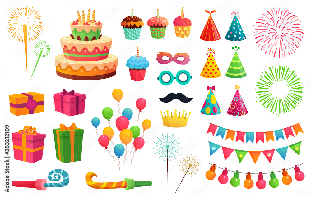 Cartoon party kit. Rocket fireworks, colorful balloons and birthday gifts. Carnival masks and sweet cupcakes, fireworks, balloons and cupcakes. Isolated vector illustration icons set - obrazy, fototapety, plakaty 