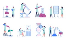 Working Scientists. Professional Lab Research, Chemistry Laboratory Workers And Science Researchers. Infection Scientists, Biologist Engineer Working. Isolated Flat Vector Illustration Icons Set