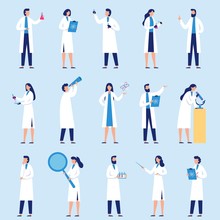 Scientists People. Science Lab Worker, Chemical Researchers And Scientist Professor Character. Laboratory Creative Scientist Job, Medicine Workers Characters. Isolated Flat Vector Icons Set