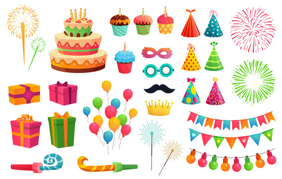 cartoon party kit. rocket fireworks, colorful balloons and birthday gifts. carnival masks and sweet 