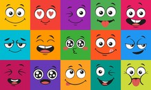 Cartoon Face Expressions. Happy Surprised Faces, Doodle Characters Mouth And Eyes. Face Doodle Or Shy, Love And Kiss Kawaii Manga Emotion. Emoticon Comic Avatar Vector Illustration Set