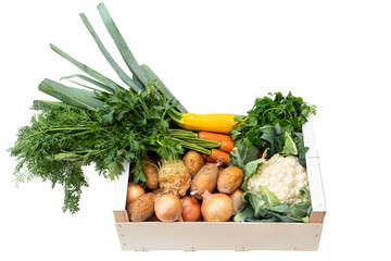 Wall Mural - Wooden box of fresh vegetables from farmers market on white painted wood table.