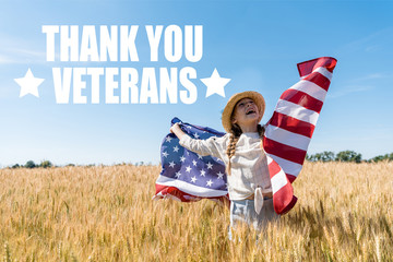 Wall Mural - cheerful child in straw hat holding american flag in golden field with wheat with thank you veterans illustration