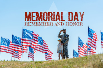 Canvas Print - Selective focus of father in military uniform standing with cute kid near American flags with memorial day, remember and honor illustration