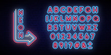 Neon Glowing Alphabet. Bright Typeface. Set Of Neon Letters And Numbers. Alphabet On Dark Background.