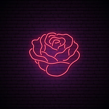 Red Rose Neon Sign. Light Flower On Brick Wall Background. Vector Illustration.