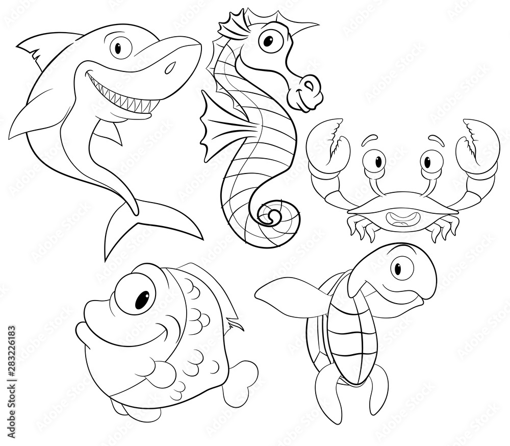 coloring book with sea animals vector. set with cute sea creatures ...