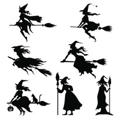 Canvas Print - Vector illustrations of Halloweens witches silhouettes set