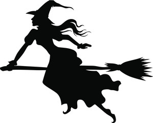 Sticker - Vector illustrations of Halloween silhouette witch with hat on broom fly