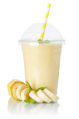 Wall Mural - Banana smoothie fruit juice drink milkshake milk shake in a cup isolated on white