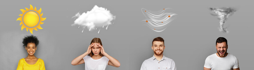 four different weather conditions with human mood on gray