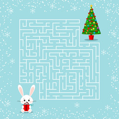 Wall Mural - Merry Christmas theme maze game for the children with a labyrinth. Cartoon bunny with gift and christmas tree.