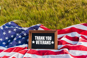 Wall Mural - Blank chalkboard with thank you veterans illustration on American flag with stars and stripes on green grass