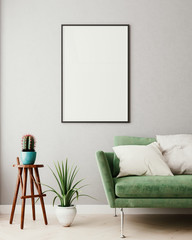 Vertical mock up poster frame in olive green modern interior background, living room, Scandinavian style, 3D render, 3D illustration