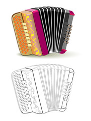 Wall Mural - Colorful and black and white pattern for coloring. Fantasy illustration of musical instrument French button accordion. Worksheet for coloring book for children and adults. Vector image.